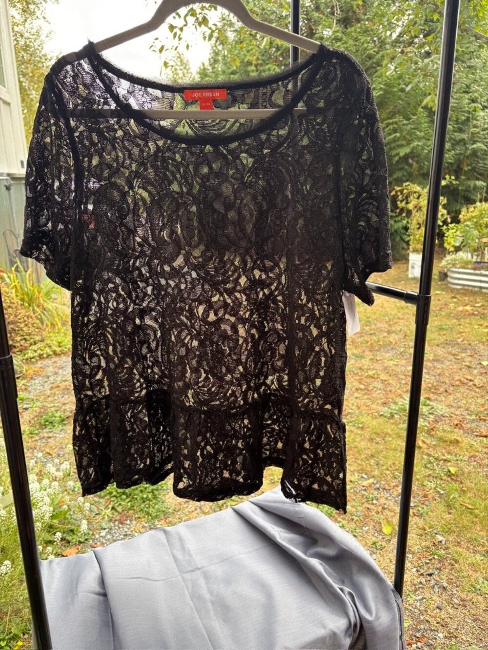 Joe Fresh, Black, Sheer Floral Lace, Short Sleeve Top – XL